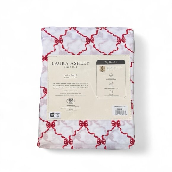 Laura Ashley Queen Size Christmas Bows & Ribbons Sheet Set CRISP COTTON PERCALE - Picture 2 of 2